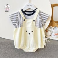 Body yếm liền chuột kem áo sọc viền cổ đen, chất thun cotton phối kate mềm sơ sinh,Quần áo trẻ em, Quần áo bé trai
