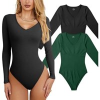 Bodysuit áo liền quần áo liền thân Jumpsuit Tay Dài Cổ Chữ v Màu Sắc Đơn Giản Thanh Lịch Cho Nữ