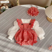 Bodysuit cho bé gái yếm caro đỏ đồ sơ sinh cho bé áo tay dài set yếm kèm áo tay dài cho bé từ sơ sinh đến 2 tuổi