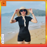 Bodysuit Đồ Bơi Nữ 1 Mảnh Quần Đùi Kéo Khoá Bikini đi biển ngắn tay, Đồ tắm biển NES TND01