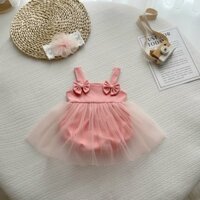 Bodysuit Hai Dây Dạng Váy Chất Thun Zip Phối Chân Lưới Mềm Kèm Tuban ,Đồ Liền Thân Cho Bé Gái Đầy Tháng