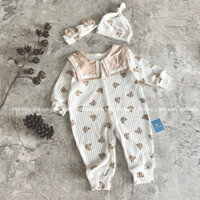 bodysuit mở cúc thuỷ thủ dài tay gấu nâu và phụ kiên cho bé trai, bé gái vải thun gân Hàn quốc