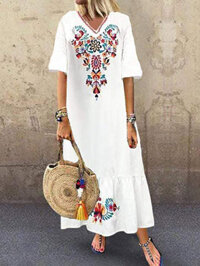 Bohemian Floral Print V-neck Flare Half Sleeve Beach Maxi Dress