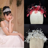 Bờm cài tóc cô dâu giả vương miện xinh có hai màu đỏ trắng