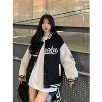 Bomber phối bóng chày , Áo khoác ngoài màu đen phối tay trắng Áo varsity jacket chất đẹp quảng châu ulzzang