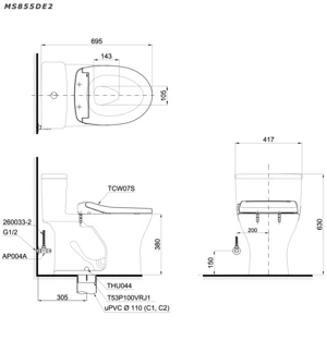 Bồn cầu 1 khối Toto MS855DE2