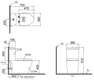 Bồn cầu Caesar CD1348+TAF200H - 2 khối