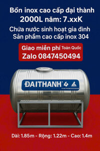 Bồn inox 2000 lít nằm đại thành cao cấp( bồn 2000L ngang, inox 304 2 khối nằm đại thành) téc inox 2m3 ngang chứa nước tân á đại thành giao miễn phí Toàn Quốc