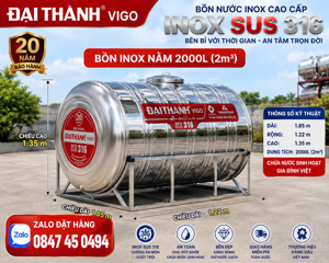 Bồn inox Đại Thành Vigo 1500L, ngang, SUS 316