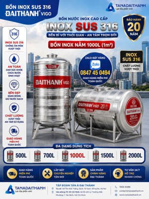 Bồn inox Đại Thành Vigo 1500L, ngang, SUS 316