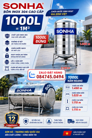 Bồn nước inox Sơn Hà 1000 lít ngang