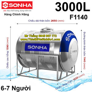 Bồn nước Inox Sơn Hà ngang 3000L (Φ1140)