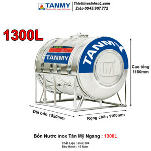 Bồn nước inox Tân Mỹ 1300 lít ngang