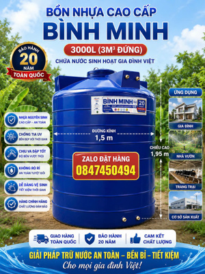 Bồn nước nhựa Bình Minh 3000 lít đứng thấp