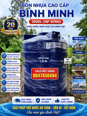 Bồn nước nhựa Bình Minh 3000 lít đứng cao