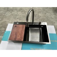 Bồn rửa bát, Chậu rửa chén bát inox 304 1 hộc lớn size 75x46x22cm phủ nano (Tặng: Thớt, khay inox, rổ lưới inox, bộ xả)