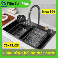 Bồn rửa chén 1 hố 75x46x23, Chậu Rửa Bát chất liệu Inox 304 có chế độ thác nước và núm xoay màu xám Cao Cấp - CR009