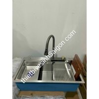 Bồn rửa chén 1 hố lớn Inox SUS 304 kèm vòi thác ngang, Chậu rửa bát 1 ngăn lớn Nano đen Korea