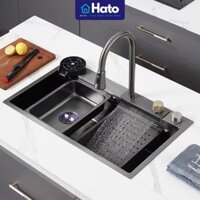 Bồn Rửa Chén 1 Ngăn HATO Inox 304 Có Vòi Rút Thác Nước Kèm Thớt, Khay Rửa, Xiphong Bảo Hành 3 Năm