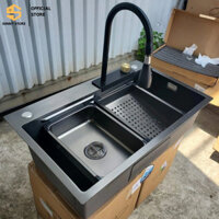 Bồn Rửa Chén 1 Ngăn Lớn INOX 304 Kèm Vòi Thác,Chậu Rửa Bát 1 Hố Lớn Phủ Nano Đen 75x45 - SUNNY STORE