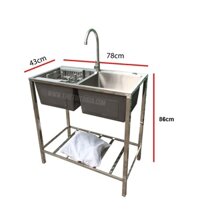 Bồn rửa chén inox 2 ngăn có chân loại dày nặng chắc chắn KT 78x43cm – 82x45cm