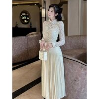 BỐNG B4 - Set thiết kế 3 chi tiết áo ren tay dài mix chân váy dập ly dáng dài kèm tag hoa