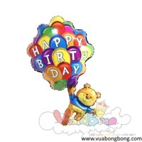 Bong bóng gấu cầm chùm bóng bay happy birthday nylon nhôm kiến bạc