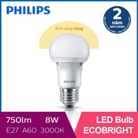 Bóng đèn Philips LED Ecobright  8W 3000K E27 A60 - Ánh sáng vàng LazadaMall