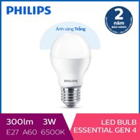 Bóng đèn Philips LED siêu sáng tiết kiệm điện Essential Gen4 3W E27 A60 LazadaMall