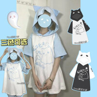 Bông hai chiều ma Mèo Tai trùm đầu Ngắn Tay Áo Hoodie T-shirt nữ mùa hè Nhật Bản dễ thương cos trang phục hàng đầu