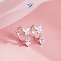Bông tai bạc Bông tròn sát tai mặt hồ điệp nạm đá thả đá xinh Van Jewelry