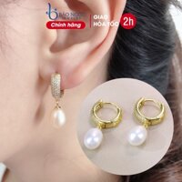Bông tai bạc nữ 925 xi vàng 18K khoen tròn gắn hạt ngọc trai nuôi nước ngọt 8-9mm sang trọng - B2540 - Bảo Ngọc Jewelry