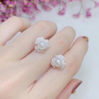 Bông tai bạc nữ hoa nạm đá nụ trai nhân tạo sang chảnh bạc thật _ KIM KIM HƯNG