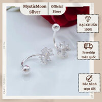 Bông tai Bạc s925 hoa đá bốn cánh cong chốt bi thanh lịch