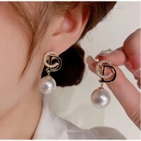 Bông Tai Đá Zircon Mặt Chữ CD Gắn Ngọc Trai, Hoa Tai Nữ Tính Mạ Vàng Thật Peony Accessory