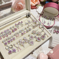 Bông tai hình trái tim hồng mạ vàng 18K Bông tai nơ kim cương đầy đủ