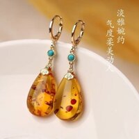 Bông tai hổ phách tự nhiên Bông tai hổ phách sáp ong Bông tai thả nước đơn giản Bông tai đóng gói vàng 14K Bông tai nữ thời trang phù hợp20250302