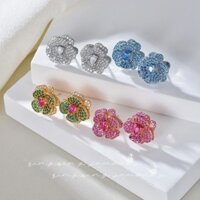 Bông tai hoa hồng đỏ Bông tai ba chiều màu xanh Camellia Zircon