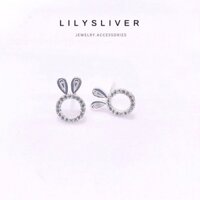 Bông tai / Khuyên tai bạc thỏ tròn nạm đá chất liệu bạc ta - Lily Silver