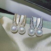 Bông tai kim bạc S925 Vỏ trắng tự nhiên Bông tai ngọc trai thật