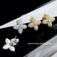 Bông Tai Mạ Đồng 18K Vàng Thật Micro-Ind Zircon Bốn Lá Cỏ Ba Lá Bông Tai Hoa Nữ