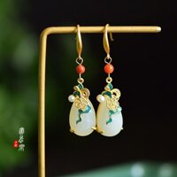 Bông Tai Mạ Vàng Đính Đá Ngọc Bích Trắng Phong Cách Trung Hoa Cổ Điển Thời Trang RQP3