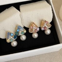 Bông tai ngọc trai hình tam giác pha lê thủ công Bông tai thời trang nữ
