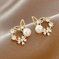 Bông Tai Ng.ọc Tr.ai khảm Hoa Hồng Và Bướm Nữ Tính Đáng Yêu Cho Nữ