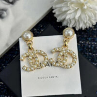 Bông tai ngọc trai & kim cương đôi thương hiệu C, Trang sức đồng mạ vàng 18K, Bông tai phong cách tươi mát & ngọt ngào (Mùa hè 2024, Bán buôn)