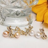 Bông tai ngọc trai nước ngọt zircon hình nơ
