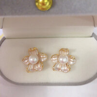 Bông tai ngọc trai nước ngọt tự nhiên Nữ vàng 18K Cảm giác cao cấp Hoa mờ S925 Kim bạc