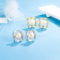 Bông tai ngọc trai nước ngọt zircon tròn vuông