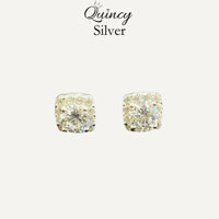 Bông tai nữ bạc 950 Quincy Silver hột tròn đính đá vuông đơn giản thanh lịch