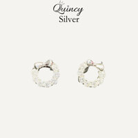 Bông tai nữ bạc 950 Quincy Silver hình tròn đính đá và nơ xinh xắn